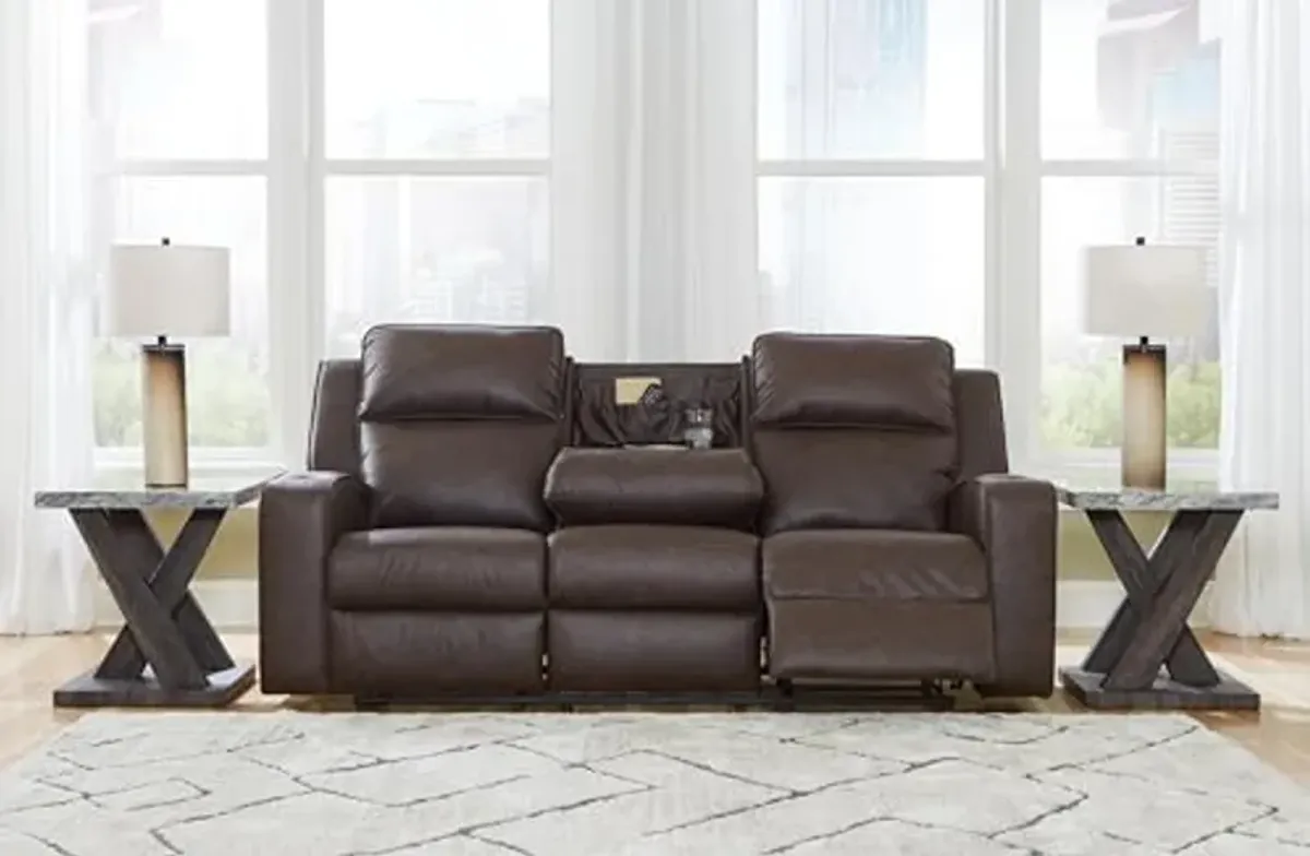 Signature Design by Ashley Lavenhorne Modern Faux Leather Manual Reclining Sofa with Drop Down Table, Cup Holders and USB Ports, Dark Brown