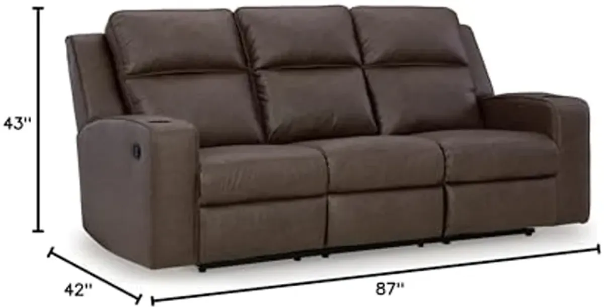 Signature Design by Ashley Lavenhorne Modern Faux Leather Manual Reclining Sofa with Drop Down Table, Cup Holders and USB Ports, Dark Brown