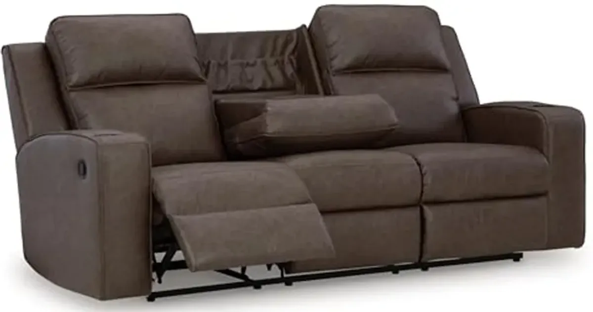 Signature Design by Ashley Lavenhorne Modern Faux Leather Manual Reclining Sofa with Drop Down Table, Cup Holders and USB Ports, Dark Brown