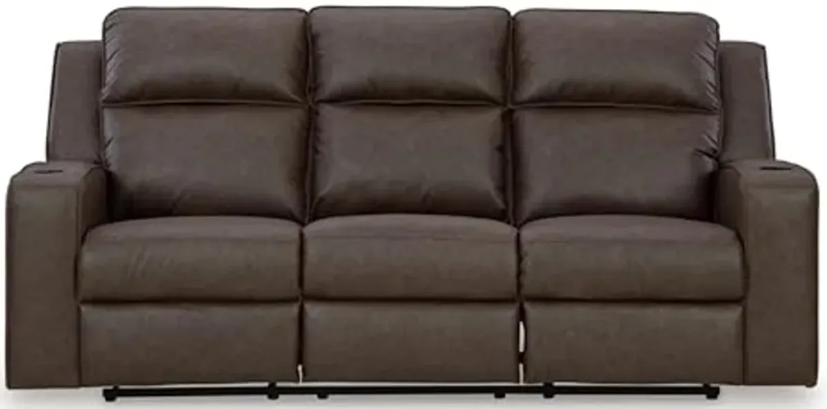 Signature Design by Ashley Lavenhorne Modern Faux Leather Manual Reclining Sofa with Drop Down Table, Cup Holders and USB Ports, Dark Brown