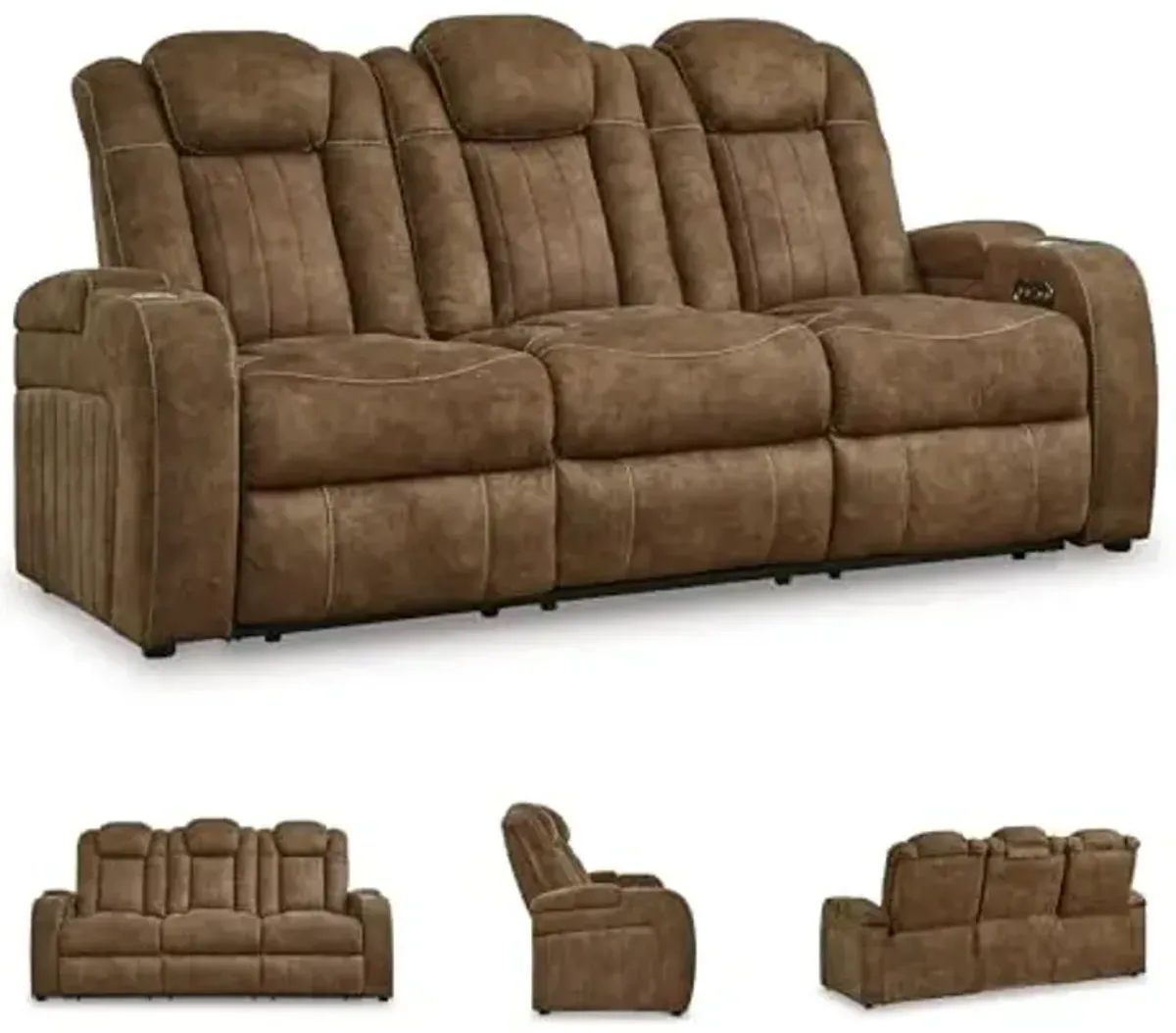 Signature Design by Ashley Wolfridge Contemporary Faux Leather Power Reclining Sofa with Drop Down Table, LED Lights, Electrical Outlet, Wireless Charging, USB Ports and Cup Holders, Light Brown