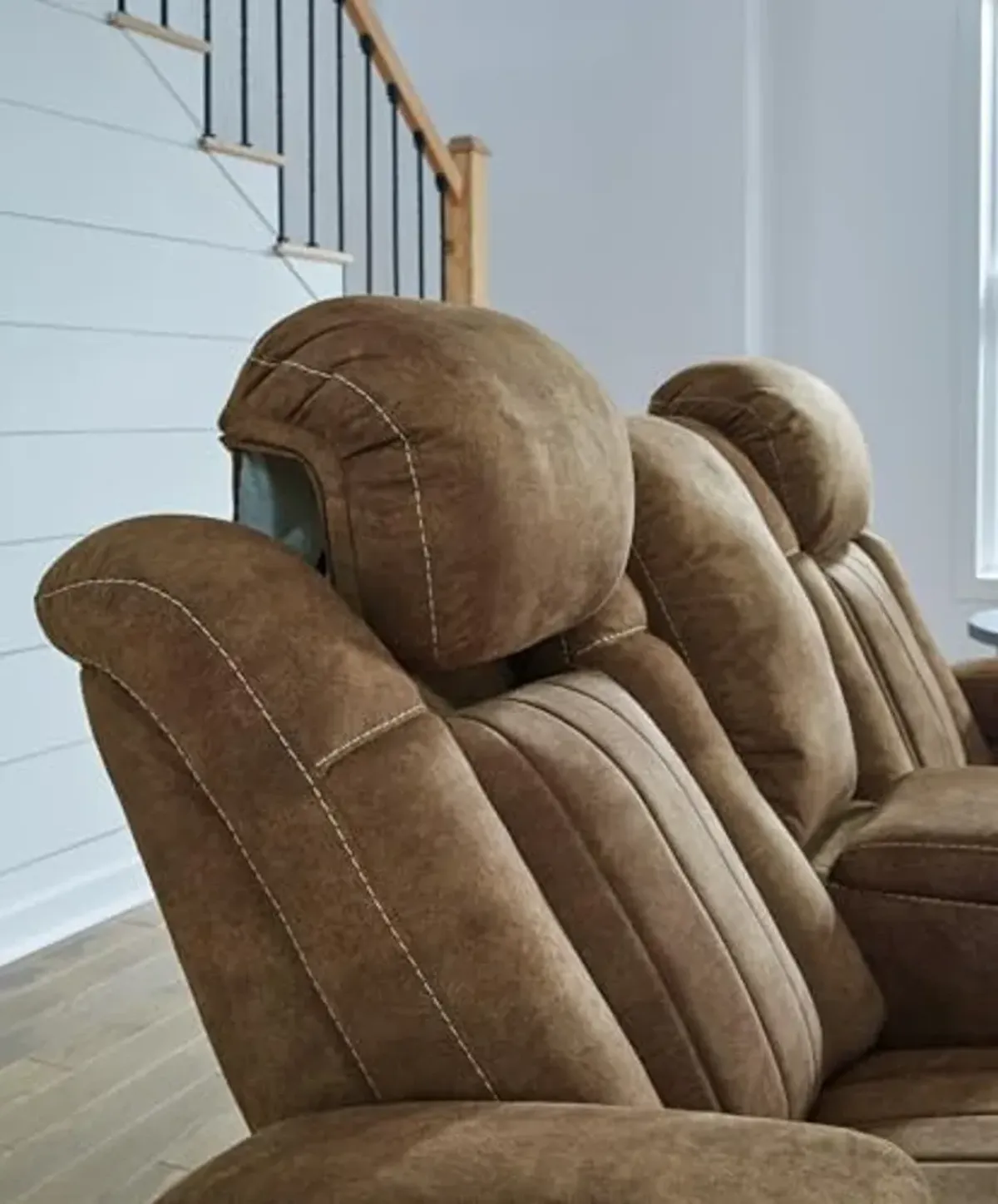 Signature Design by Ashley Wolfridge Contemporary Faux Leather Power Reclining Sofa with Drop Down Table, LED Lights, Electrical Outlet, Wireless Charging, USB Ports and Cup Holders, Light Brown