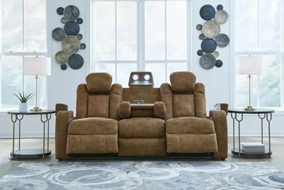 Signature Design by Ashley Wolfridge Contemporary Faux Leather Power Reclining Sofa with Drop Down Table, LED Lights, Electrical Outlet, Wireless Charging, USB Ports and Cup Holders, Light Brown