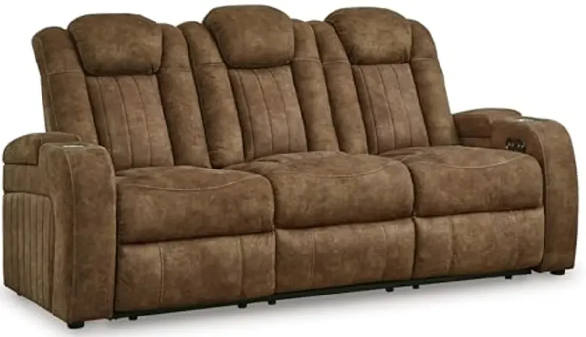 Signature Design by Ashley Wolfridge Contemporary Faux Leather Power Reclining Sofa with Drop Down Table, LED Lights, Electrical Outlet, Wireless Charging, USB Ports and Cup Holders, Light Brown