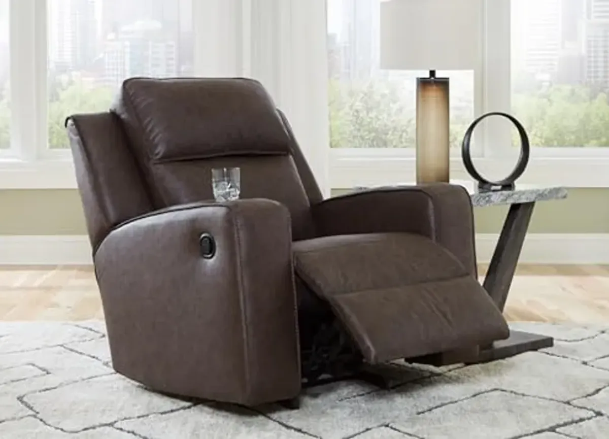 Signature Design by Ashley Lavenhorne Contemporary Faux Leather Upholstered Manual Rocker Recliner with 2 Cup Holders, Dark Brown