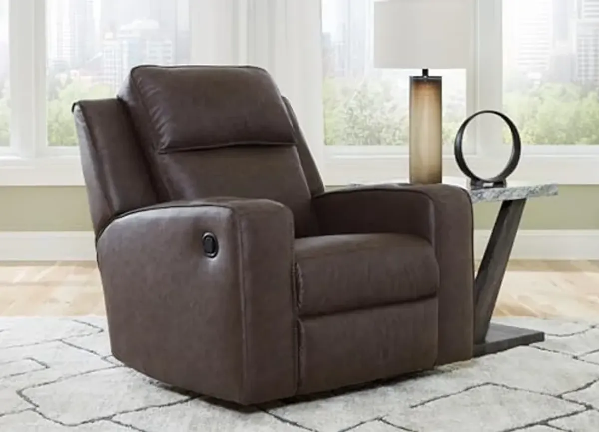 Signature Design by Ashley Lavenhorne Contemporary Faux Leather Upholstered Manual Rocker Recliner with 2 Cup Holders, Dark Brown