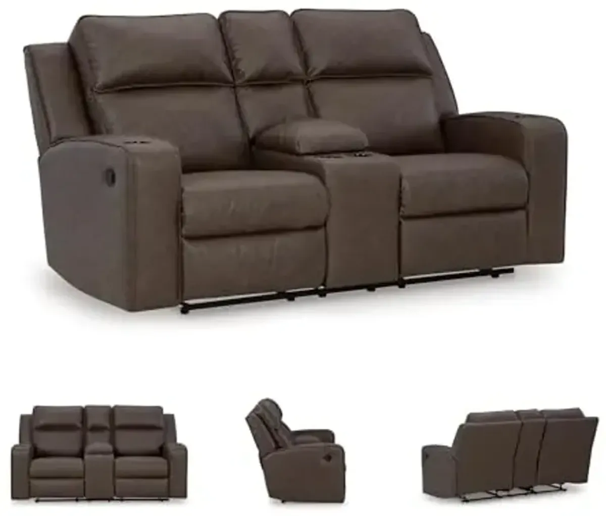 Signature Design by Ashley Lavenhorne Modern Faux Leather Manual Reclining Loveseat with Console and Cup Holders, Dark Brown