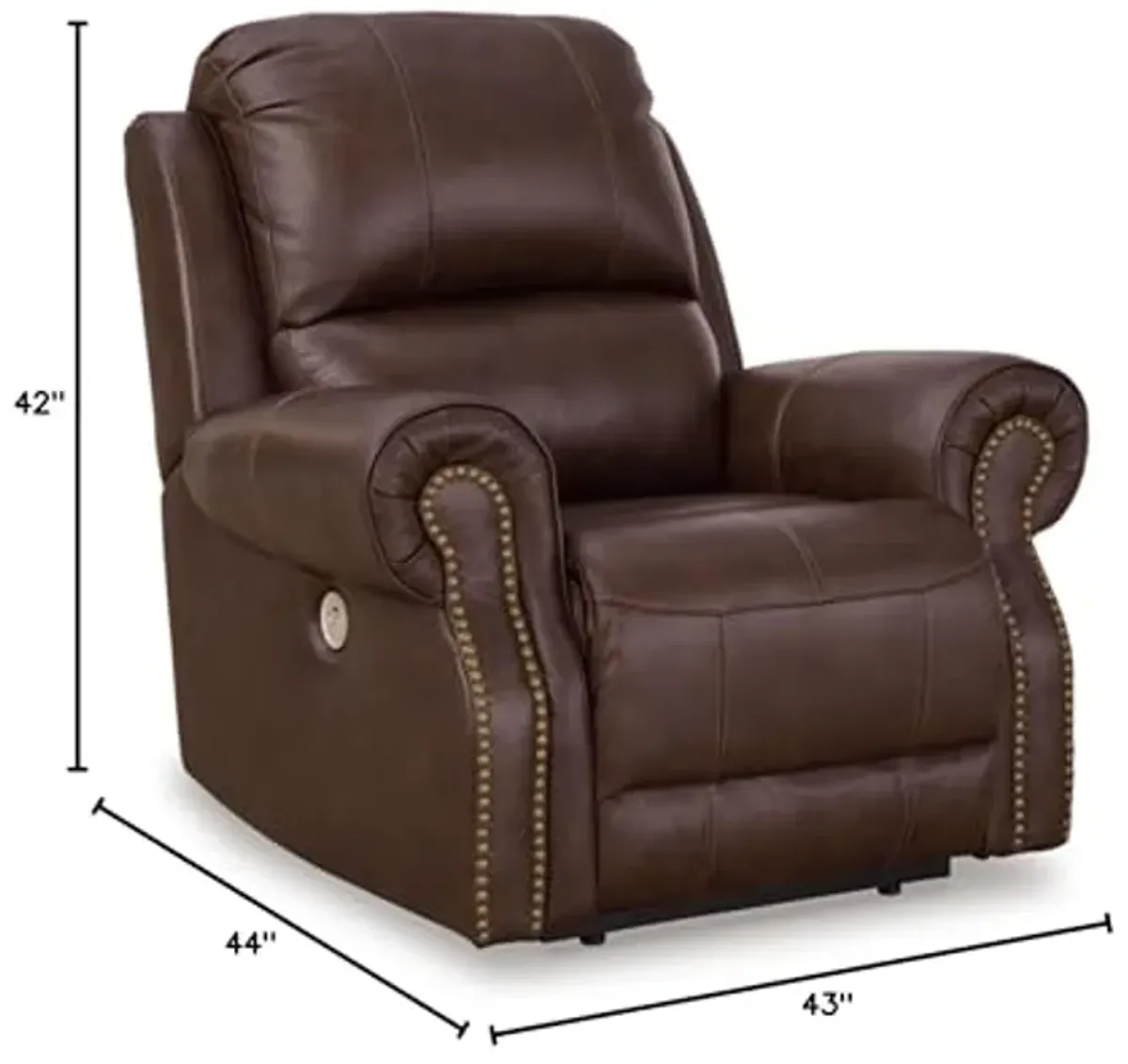 Signature Design by Ashley Freyeburg Classic Leather Match Upholstered Power Recliner with Nailheads and USB Ports, Dark Brown