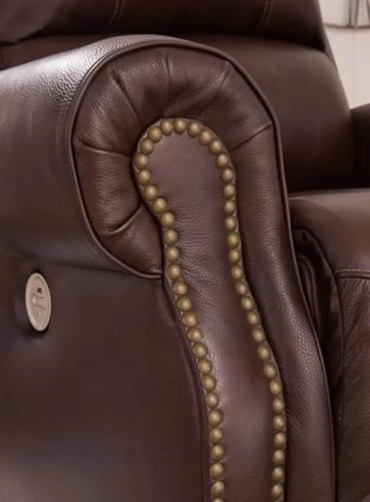 Signature Design by Ashley Freyeburg Classic Leather Match Upholstered Power Recliner with Nailheads and USB Ports, Dark Brown