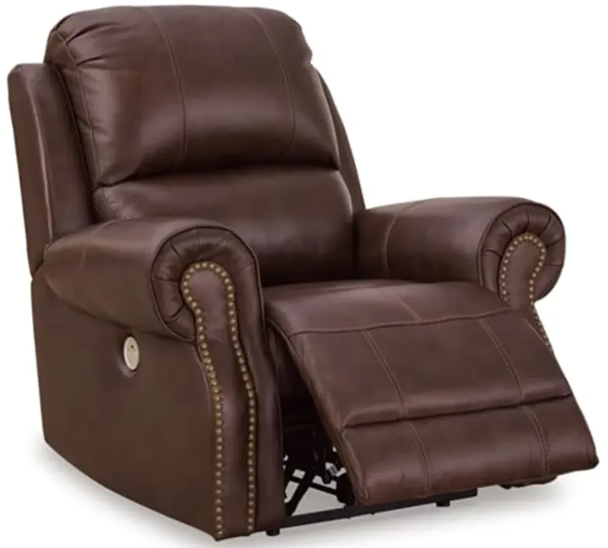 Signature Design by Ashley Freyeburg Classic Leather Match Upholstered Power Recliner with Nailheads and USB Ports, Dark Brown