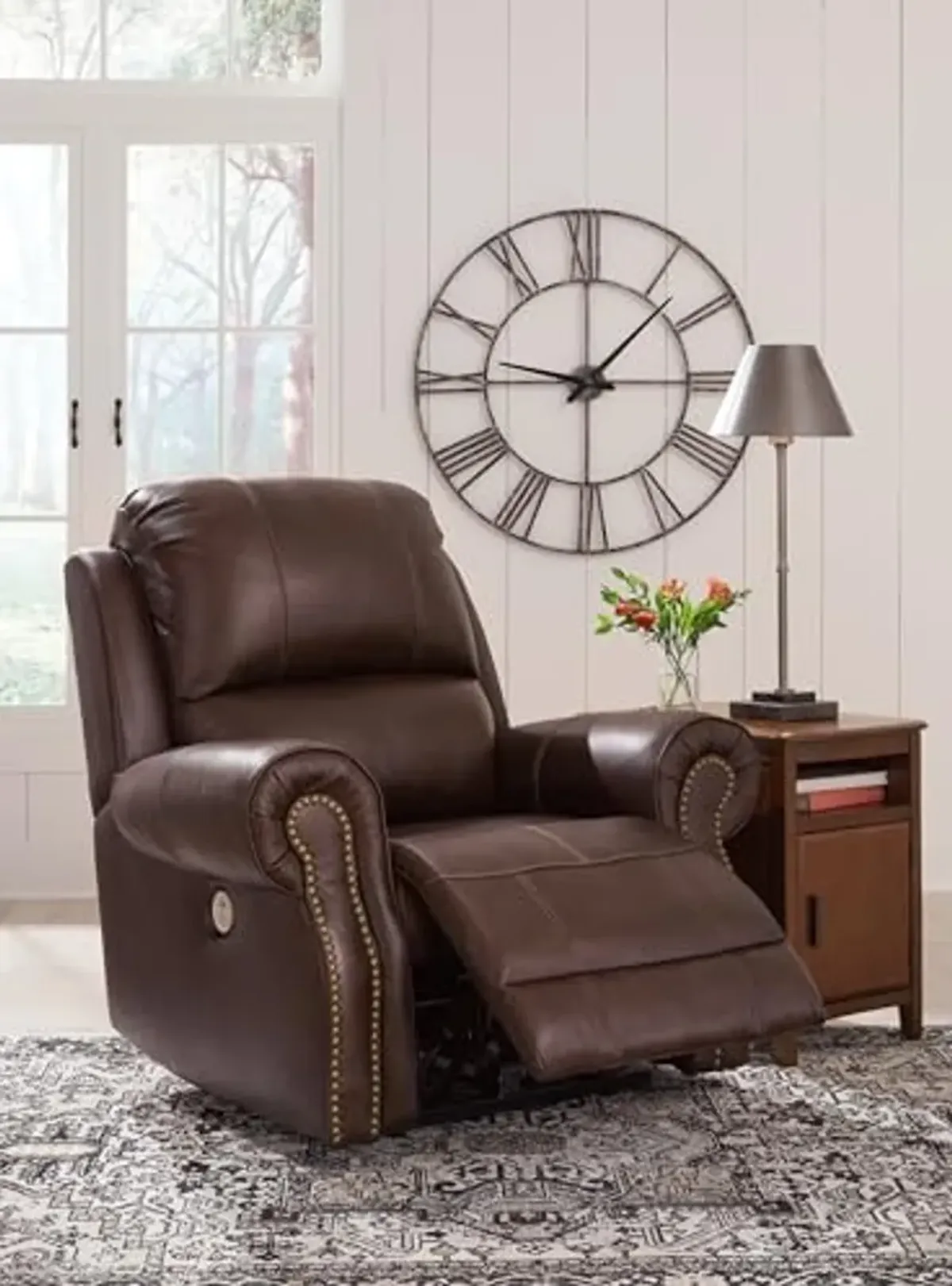 Signature Design by Ashley Freyeburg Classic Leather Match Upholstered Power Recliner with Nailheads and USB Ports, Dark Brown