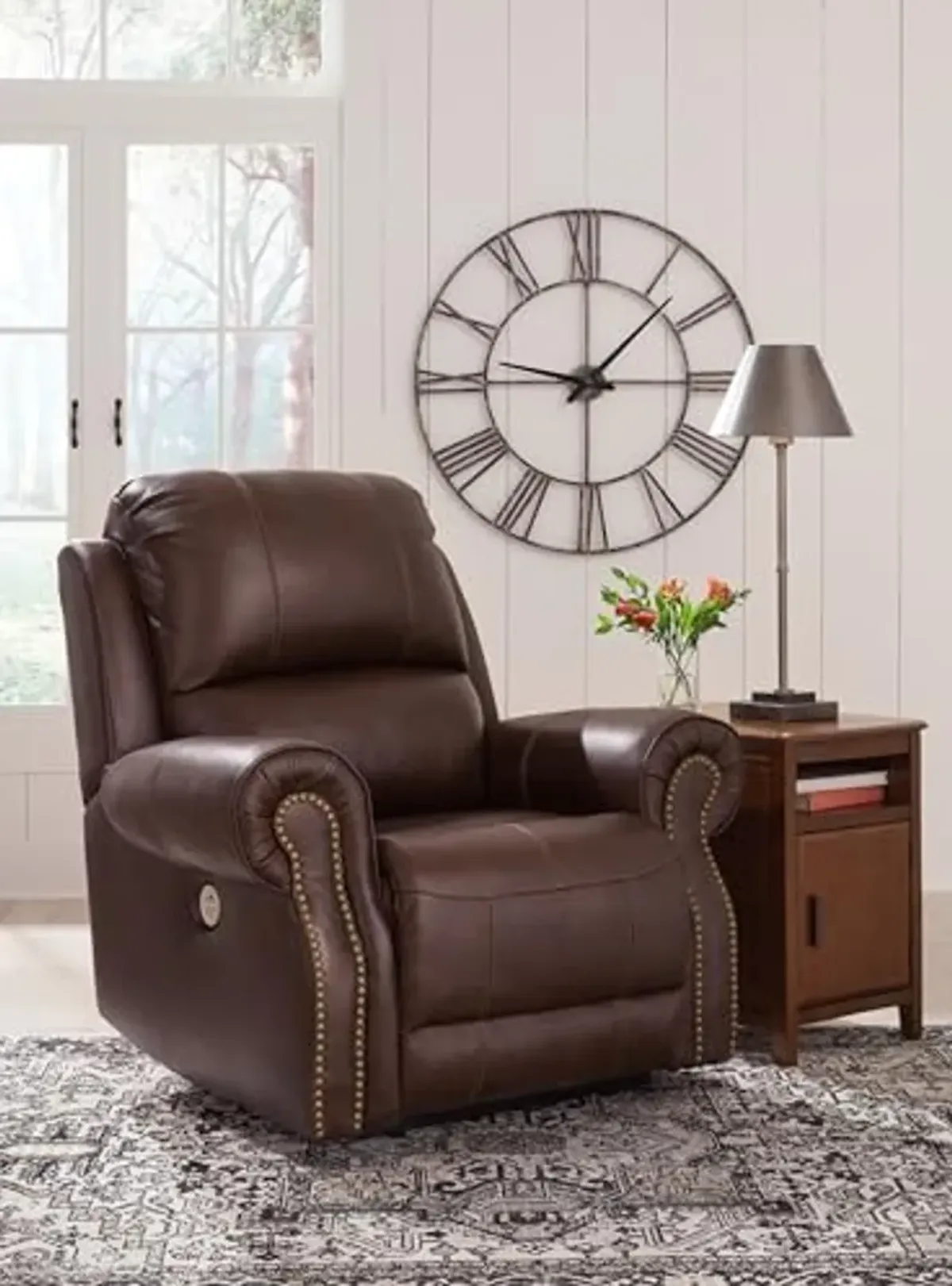 Signature Design by Ashley Freyeburg Classic Leather Match Upholstered Power Recliner with Nailheads and USB Ports, Dark Brown