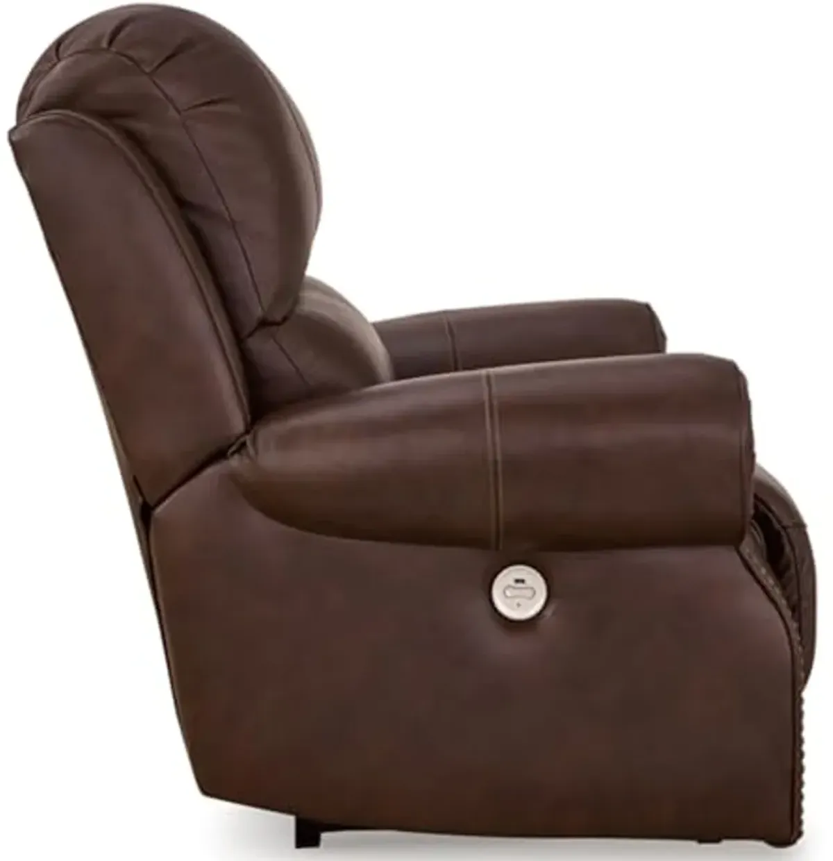 Signature Design by Ashley Freyeburg Classic Leather Match Upholstered Power Recliner with Nailheads and USB Ports, Dark Brown