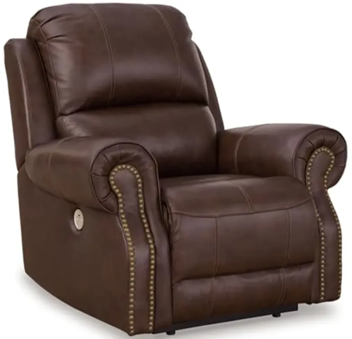 Signature Design by Ashley Freyeburg Classic Leather Match Upholstered Power Recliner with Nailheads and USB Ports, Dark Brown