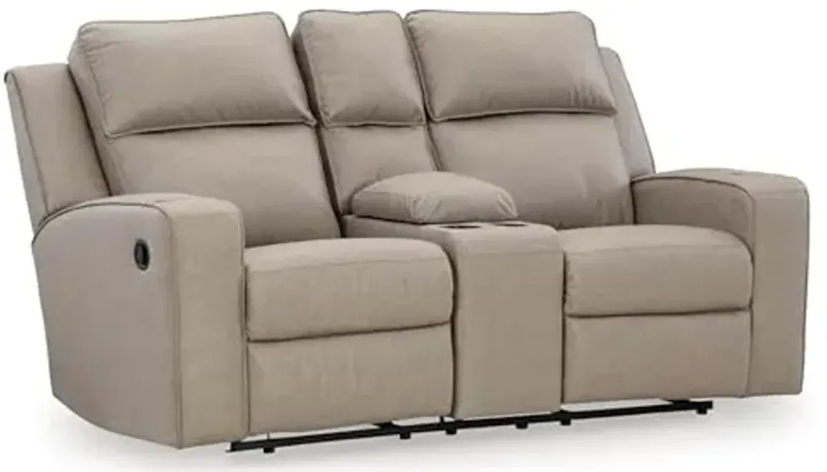 Signature Design by Ashley Lavenhorne Contemporary Faux Leather Manual Reclining Loveseat with Console and Cup Holders, Beige