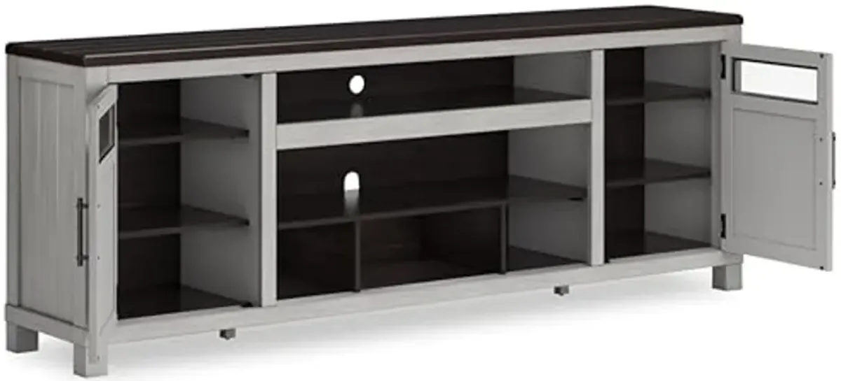 Signature Design by Ashley Darborn Farmhouse 88" TV Stand for TVs up to 101" with Adjustable Shelves, Cabinets, Cord Openings and Fireplace Option, Light Gray & Dark Brown