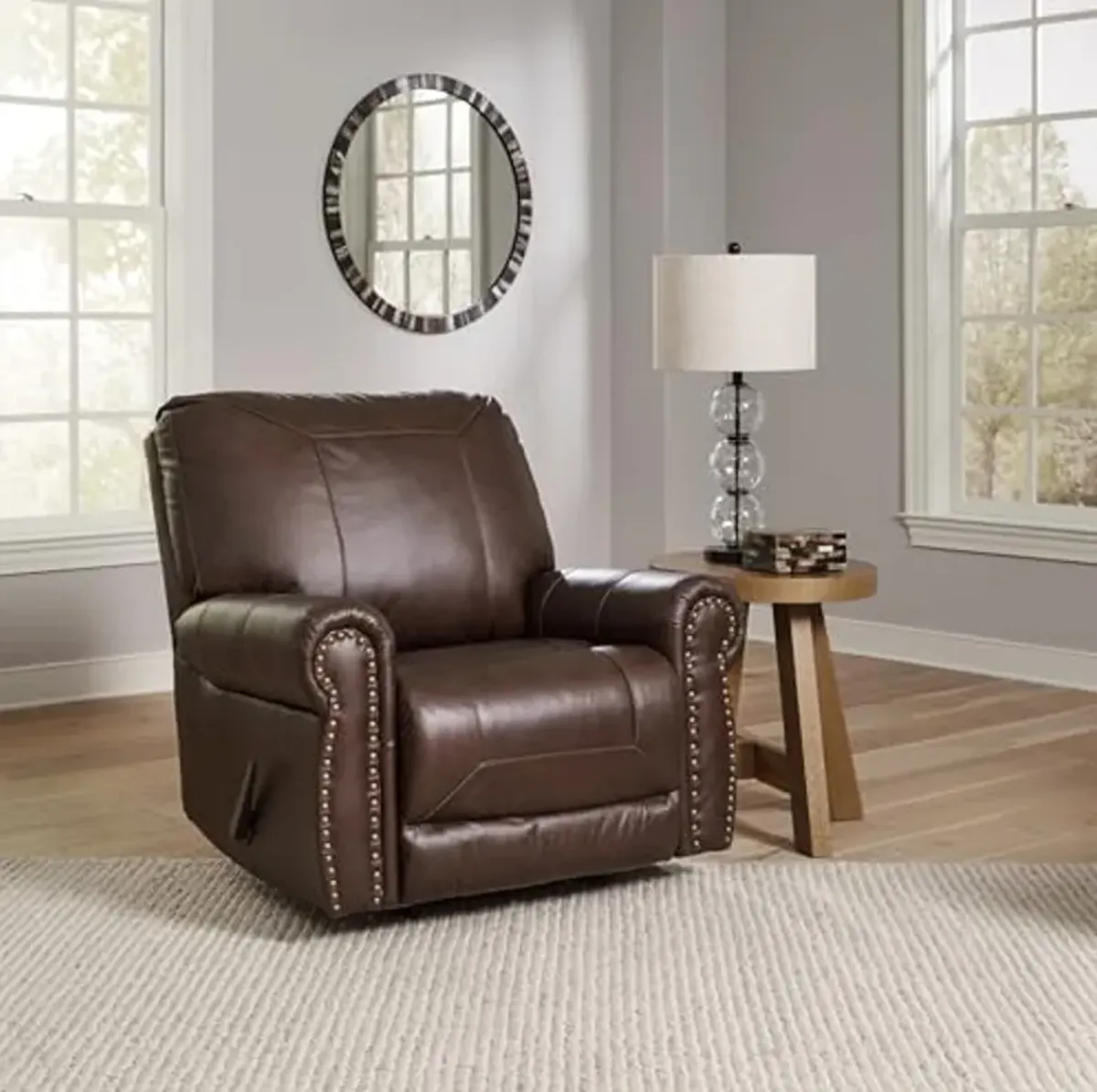 Signature Design by Ashley Colleton Classic Leather Match Upholstered Manual Recliner with Nailheads, Dark Brown