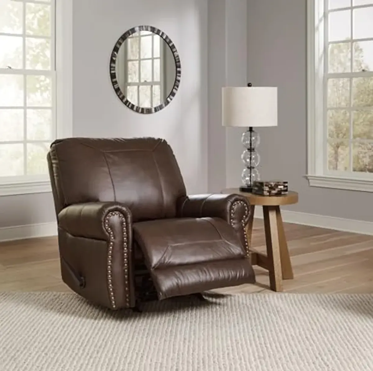 Signature Design by Ashley Colleton Classic Leather Match Upholstered Manual Recliner with Nailheads, Dark Brown