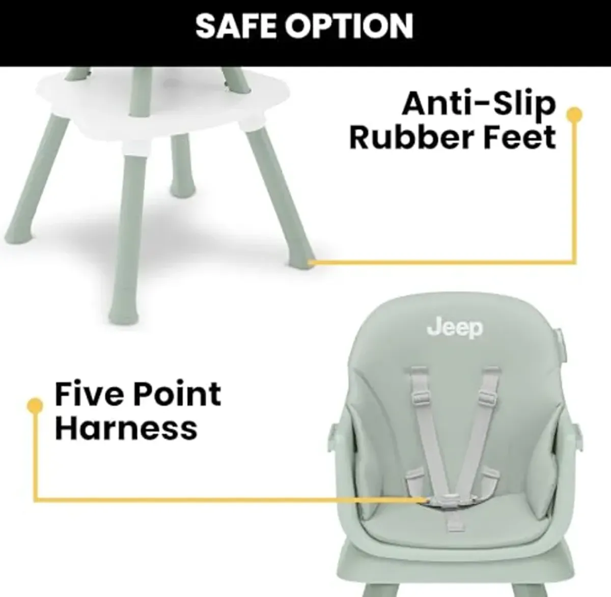 Jeep Milestone 6-in-1 High Chair by Delta Children High Chair Converts to Stool, Booster Seat, Toddler Chair, Activity Table and Desk and Chair, Sage Green