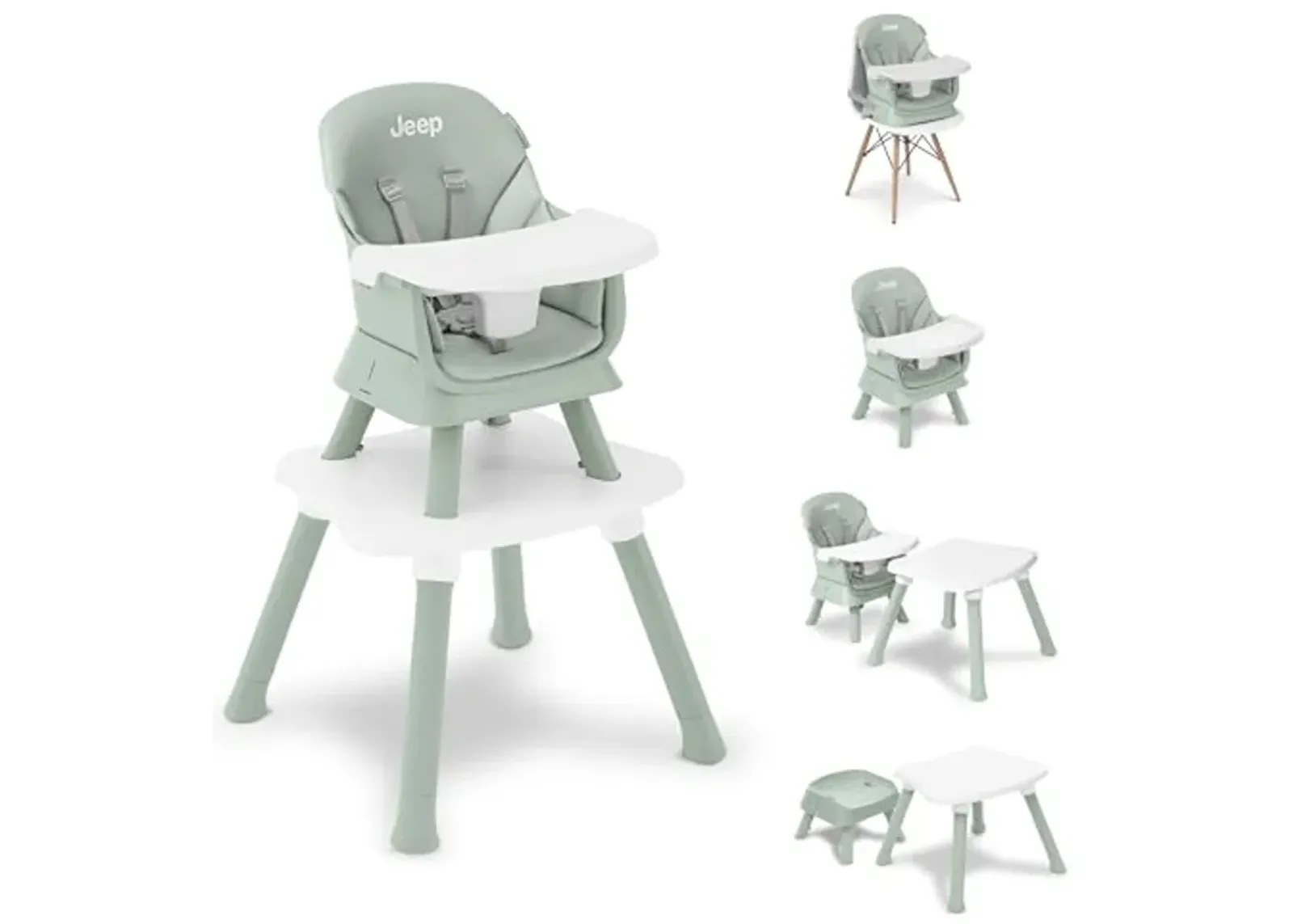 Jeep Milestone 6-in-1 High Chair by Delta Children High Chair Converts to Stool, Booster Seat, Toddler Chair, Activity Table and Desk and Chair, Sage Green