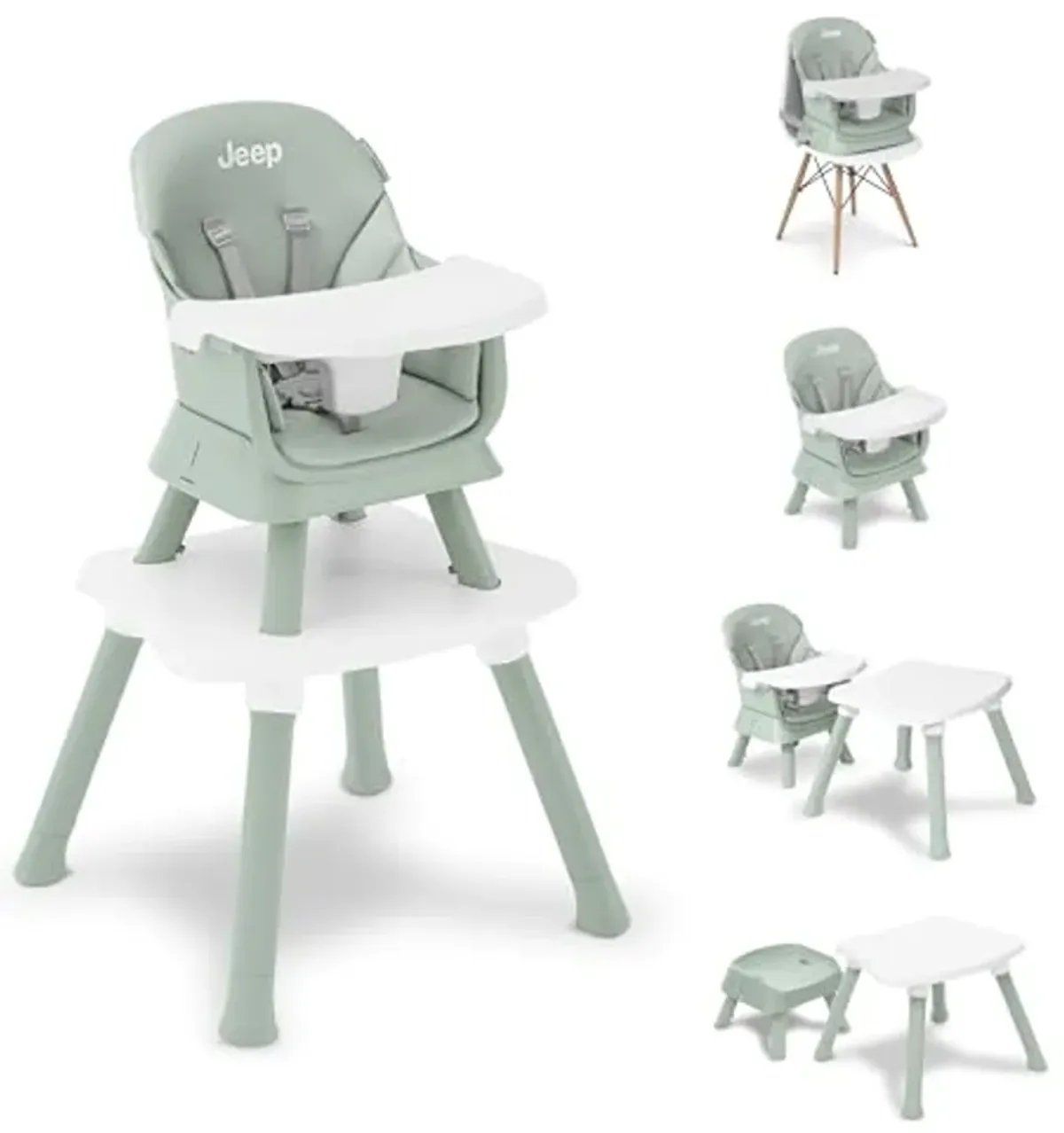 Jeep Milestone 6-in-1 High Chair by Delta Children High Chair Converts to Stool, Booster Seat, Toddler Chair, Activity Table and Desk and Chair, Sage Green