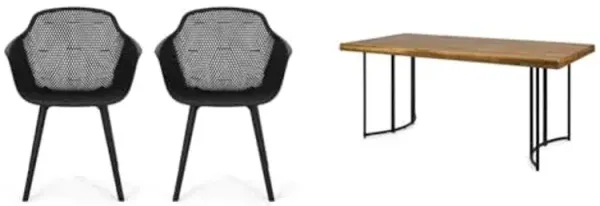 Christopher Knight Home Davina Outdoor Dining Chair (Set of 2), Polypropylene, Black & Samuel Outdoor Modern Industrial Acacia Wood Dining Table, Teak and Black
