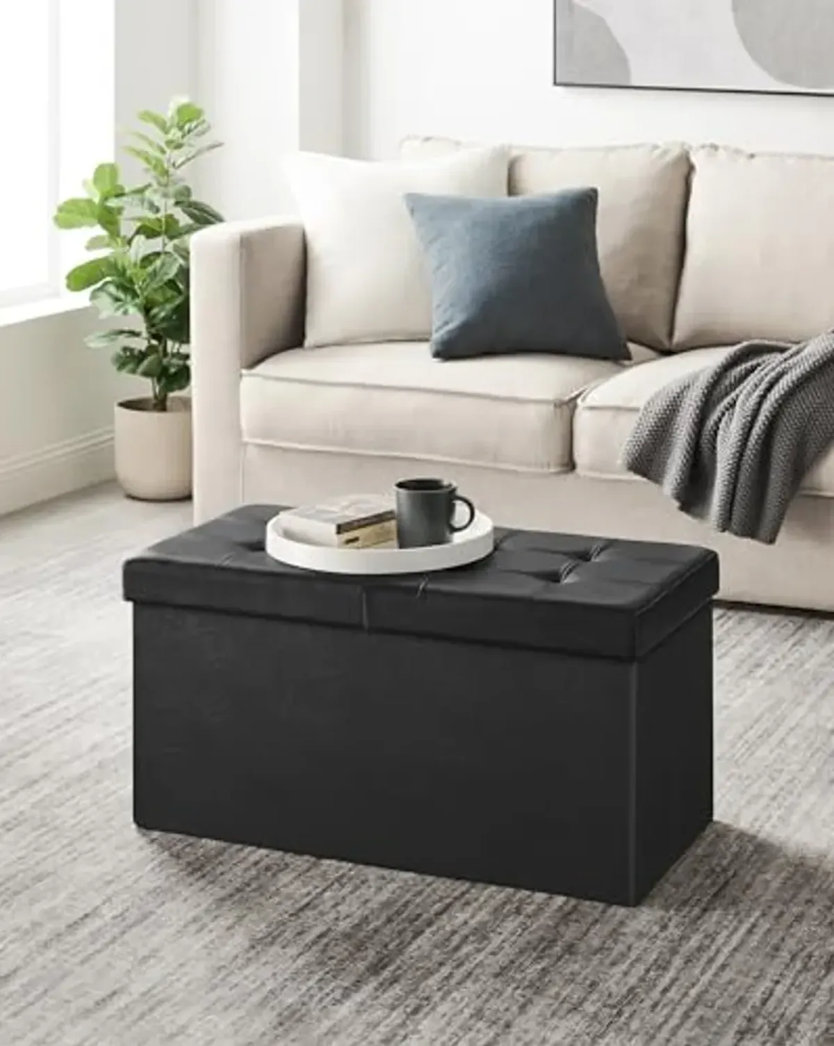 SONGMICS 30 Inches Folding Storage Ottoman Bench, Storage Chest, Footrest & 30 Inches Folding Storage Ottoman Bench with Flipping Lid, Storage Chest Footstool, Faux Leather