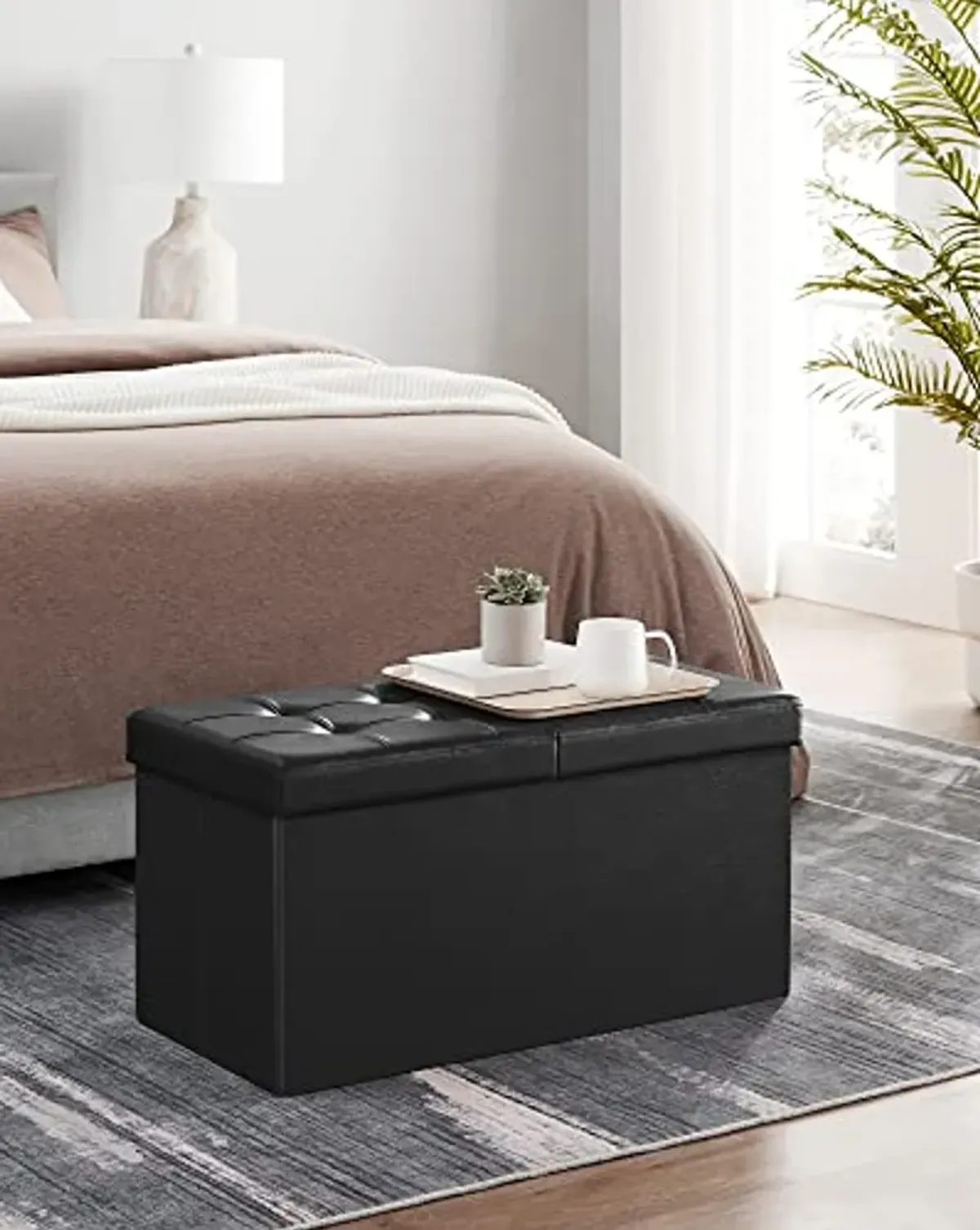 SONGMICS 30 Inches Folding Storage Ottoman Bench, Storage Chest, Footrest & 30 Inches Folding Storage Ottoman Bench with Flipping Lid, Storage Chest Footstool, Faux Leather