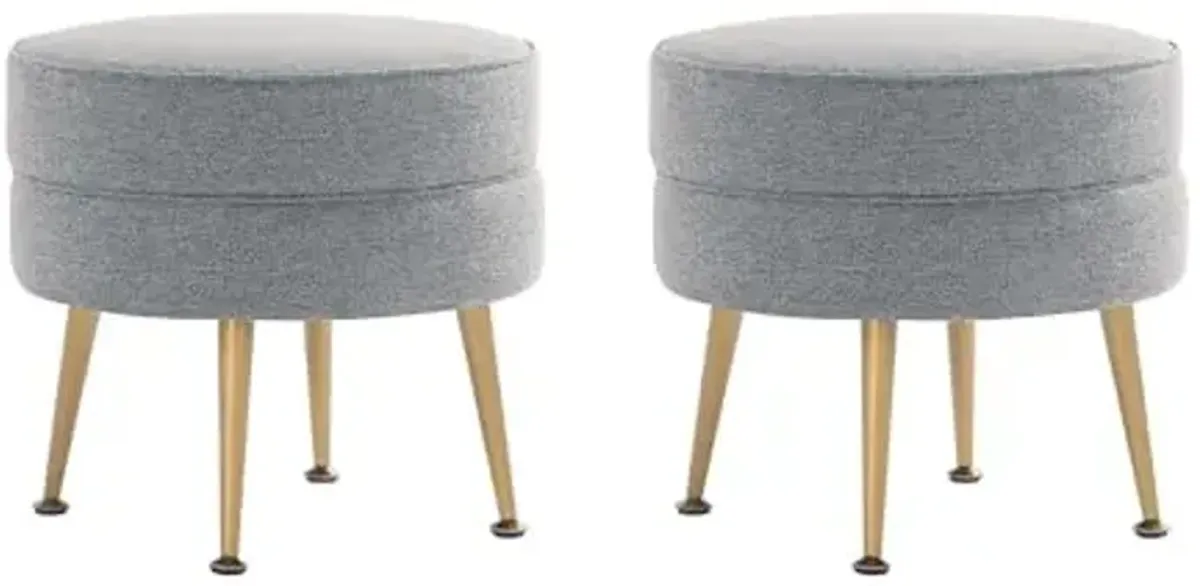 Manhattan Comfort Bailey Mid-Century Modern Round Ottoman - Durable Woven Polyester Blend Upholstery, Stylish Gold Stainless Steel Legs - Easy Assembly, Perfect for Living Room, Grey - Set of 2