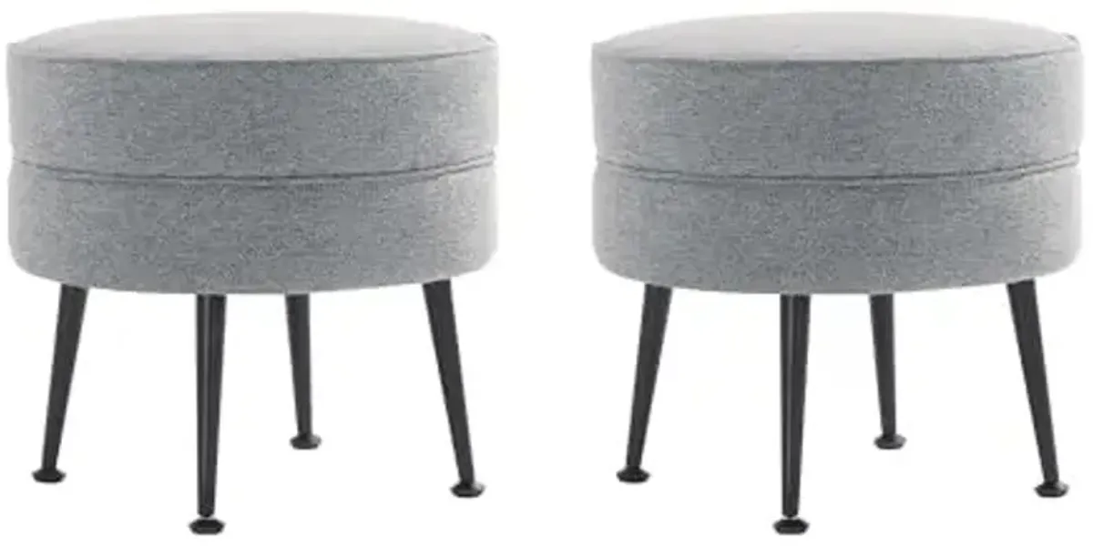 Manhattan Comfort Bailey Mid-Century Modern Round Ottoman - Durable Woven Polyester Blend Upholstery, Stylish Black Stainless Steel Legs - Easy Assembly, Perfect for Living Room, Grey - Set of 2