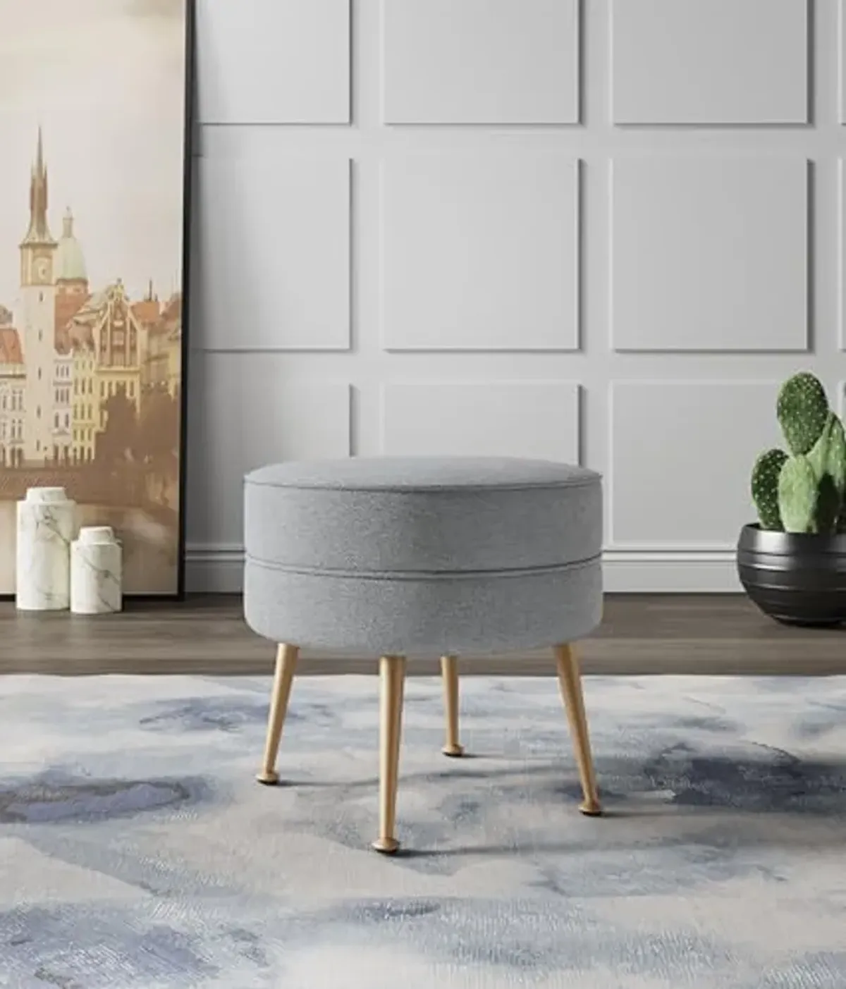 Manhattan Comfort Bailey Mid-Century Modern Round Ottoman - Durable Woven Polyester Blend Upholstery, Stylish Gold Stainless Steel Legs - Easy Assembly, Perfect for Living Room, Grey with Gold Feet