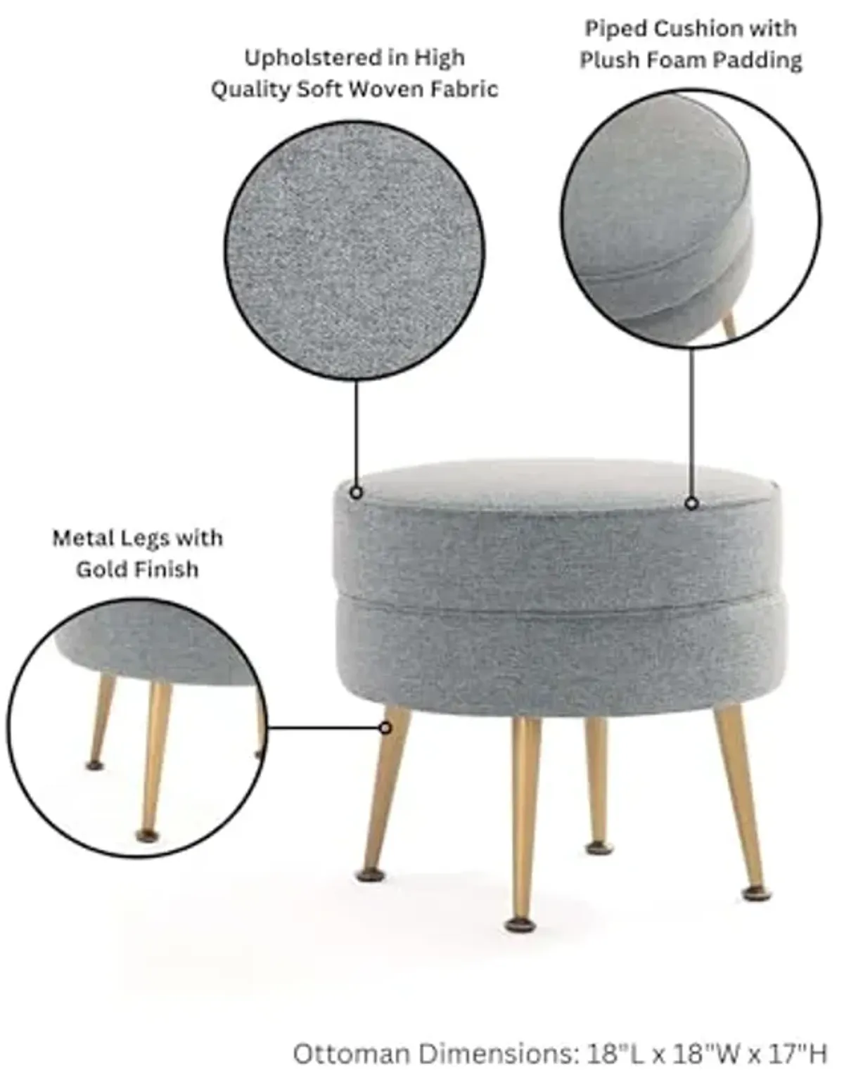 Manhattan Comfort Bailey Mid-Century Modern Round Ottoman - Durable Woven Polyester Blend Upholstery, Stylish Gold Stainless Steel Legs - Easy Assembly, Perfect for Living Room, Grey with Gold Feet