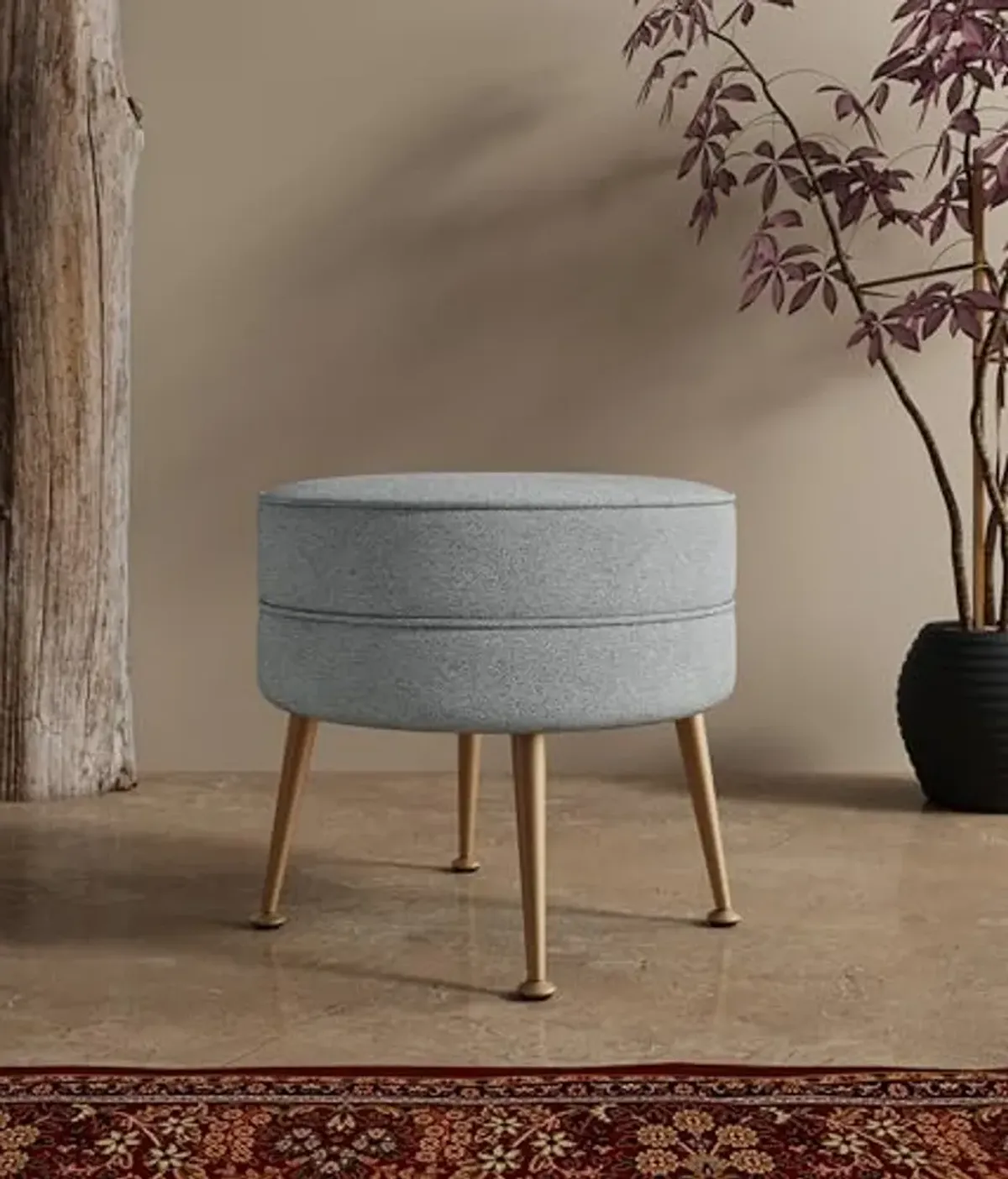 Manhattan Comfort Bailey Mid-Century Modern Round Ottoman - Durable Woven Polyester Blend Upholstery, Stylish Gold Stainless Steel Legs - Easy Assembly, Perfect for Living Room, Grey with Gold Feet