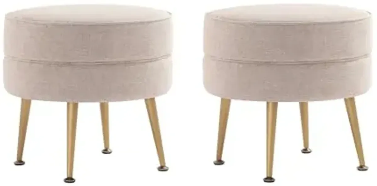 Manhattan Comfort Bailey Mid-Century Modern Round Ottoman - Durable Woven Polyester Blend Upholstery, Stylish Gold Stainless Steel Legs - Easy Assembly, Perfect for Living Room, Oatmeal - Set of 2