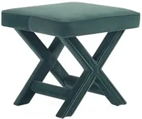 Manhattan Comfort Abigail Ottoman Bench Upholstered in Velvet Fabric, Luxurious Accent Vanity Stool with Stylish X-Crossed Legs, Solid Wood Frame, Plush Piped Cushion, Fully Assembled, Green