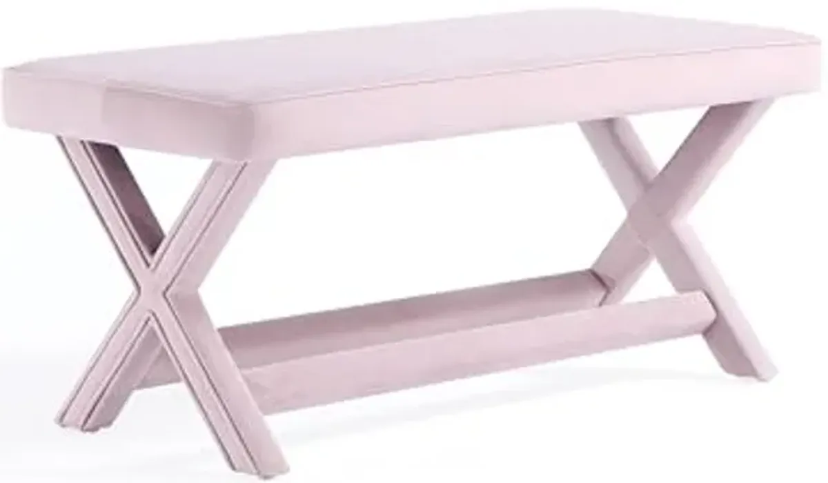 Manhattan Comfort Abigail Double Ottoman Bench Upholstered in Velvet Fabric, Luxurious Accent Vanity Stool with Stylish X-Crossed Legs, Solid Wood Frame, Plush Piped Cushion, Fully Assembled, Pink