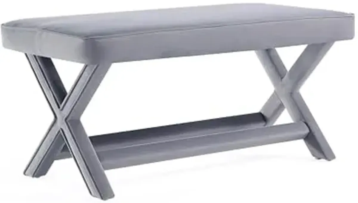 Manhattan Comfort Abigail Double Ottoman Bench Upholstered in Velvet Fabric, Luxurious Accent Vanity Stool with Stylish X-Crossed Legs, Solid Wood Frame, Plush Piped Cushion, Fully Assembled, Grey