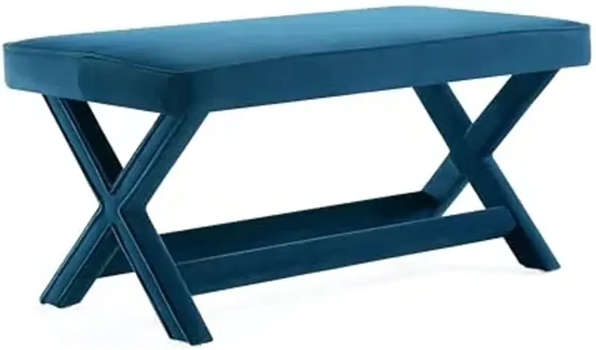 Manhattan Comfort Abigail Double Ottoman Bench Upholstered in Velvet Fabric, Luxurious Accent Vanity Stool with Stylish X-Crossed Legs, Solid Wood Frame, Plush Piped Cushion, Fully Assembled, Blue