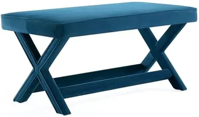 Manhattan Comfort Abigail Double Ottoman Bench Upholstered in Velvet Fabric, Luxurious Accent Vanity Stool with Stylish X-Crossed Legs, Solid Wood Frame, Plush Piped Cushion, Fully Assembled, Blue