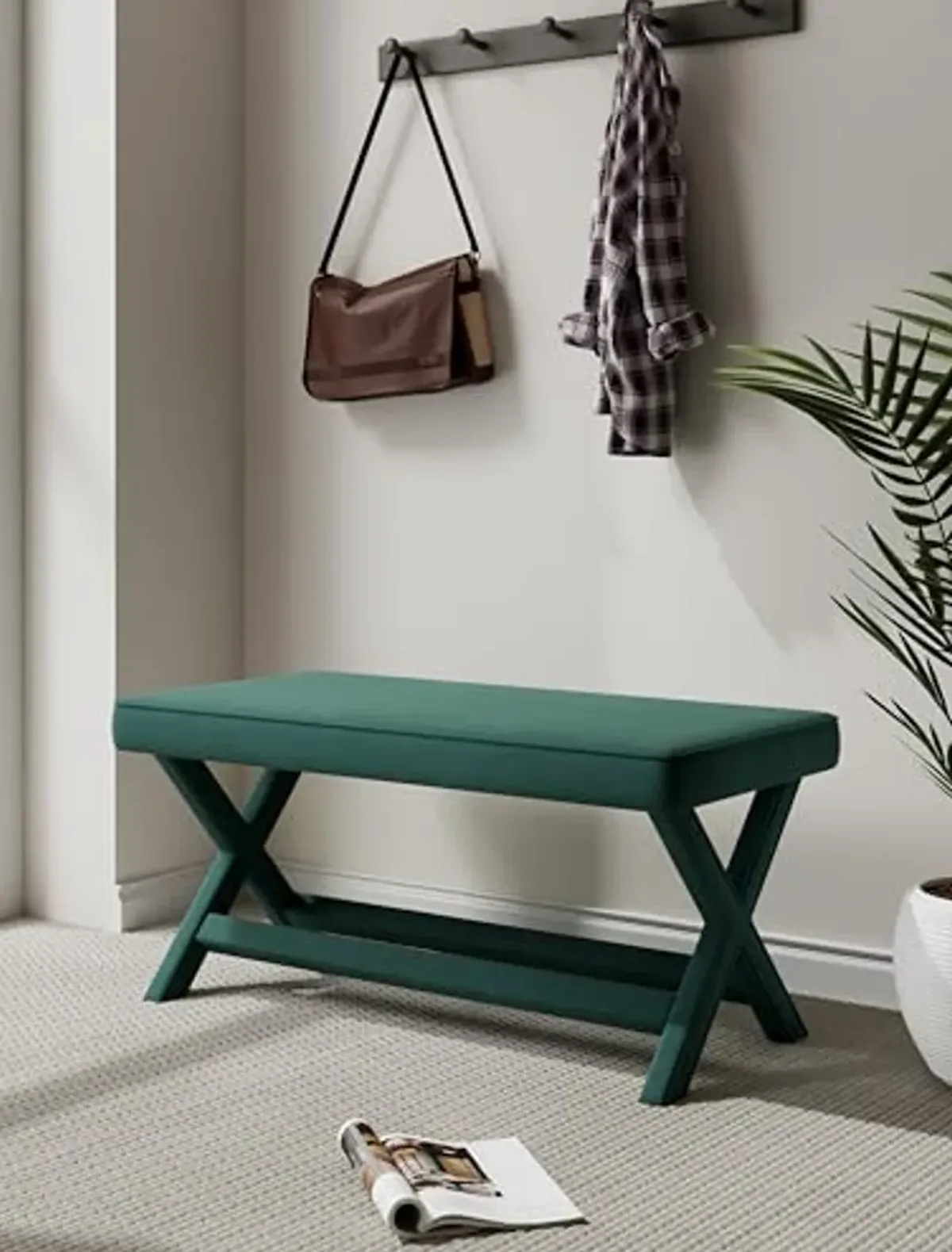 Manhattan Comfort Abigail Double Ottoman Bench Upholstered in Velvet Fabric, Luxurious Accent Vanity Stool with Stylish X-Crossed Legs, Solid Wood Frame, Plush Piped Cushion, Fully Assembled, Green