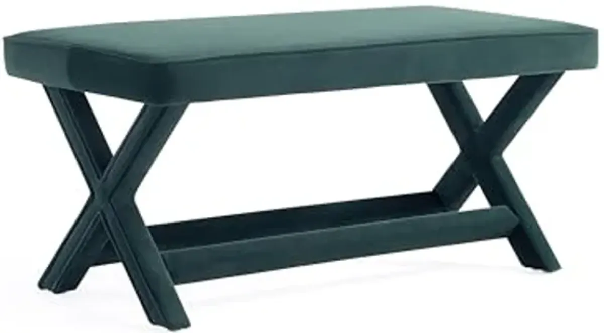 Manhattan Comfort Abigail Double Ottoman Bench Upholstered in Velvet Fabric, Luxurious Accent Vanity Stool with Stylish X-Crossed Legs, Solid Wood Frame, Plush Piped Cushion, Fully Assembled, Green