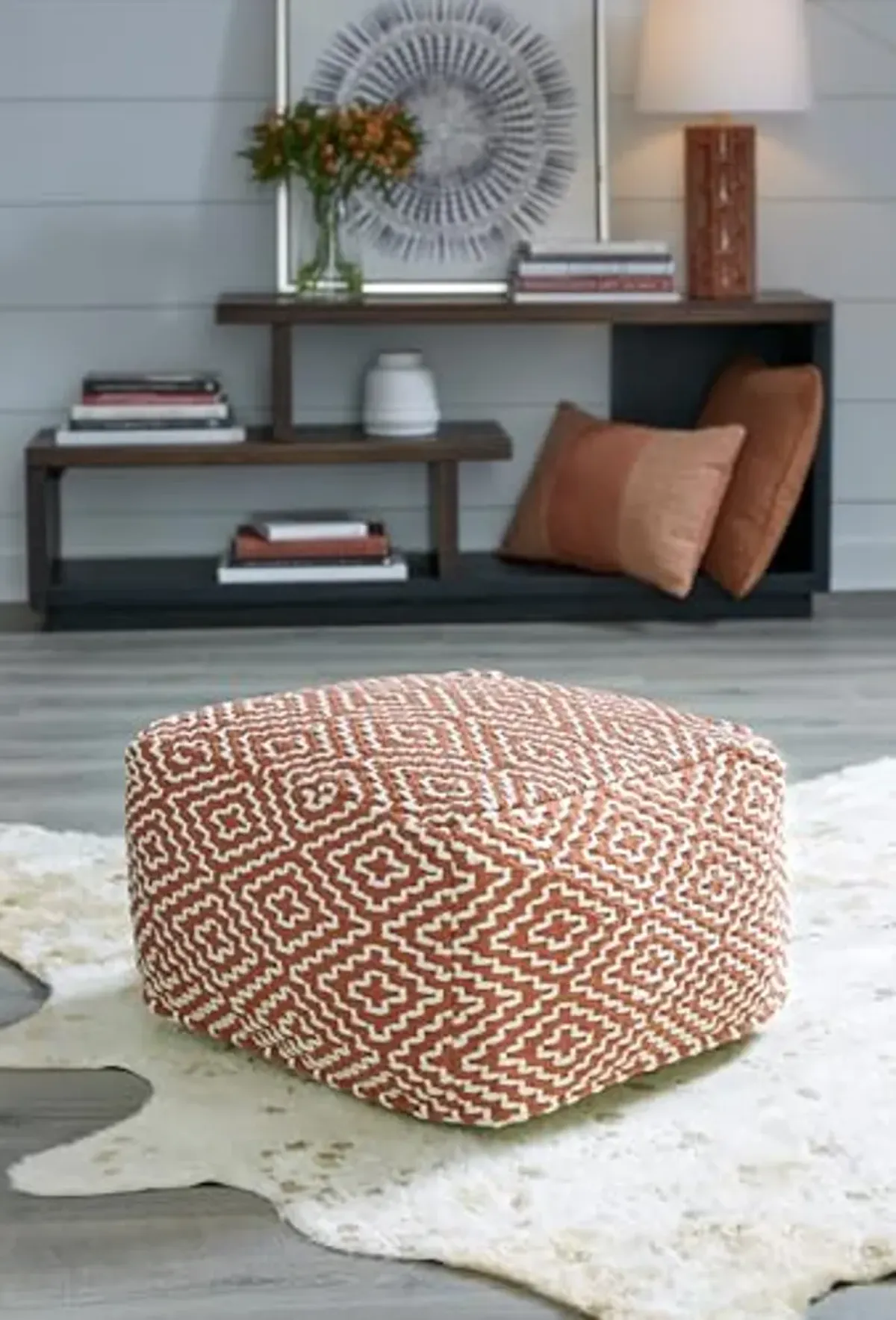 Signature Design by Ashley Brynnsen Casual Handwoven Geometric Pouf, Orange & White