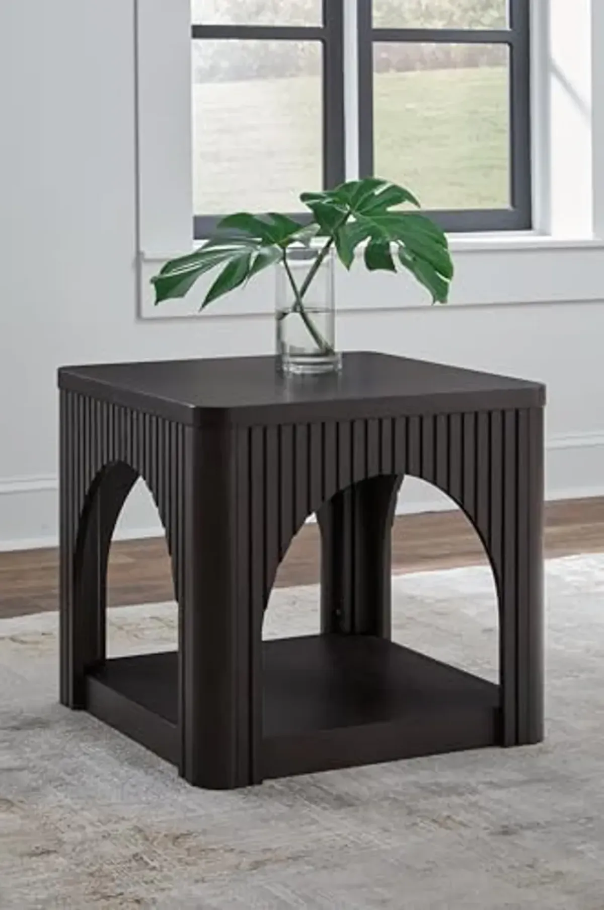 Signature Design by Ashley Yellink Contemporary End Table with Open Shelf, Arches and Lattice Details, Black