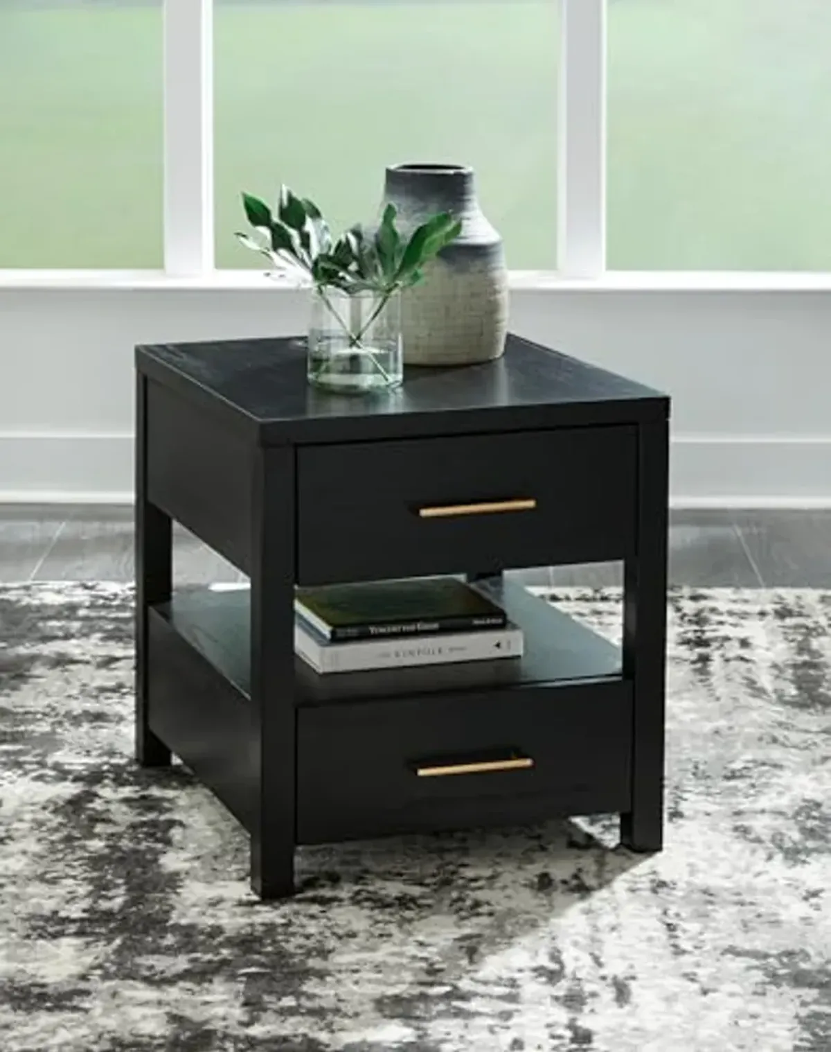 Signature Design by Ashley Winbardi Industrial 2-Drawer End Table with Open Cubby, USB Ports, Black