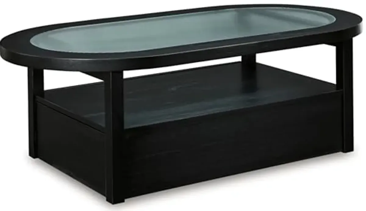 Signature Design by Ashley Winbardi Industrial Glass-Tabletop Coffee Table with Casters and Open Shelf, Black