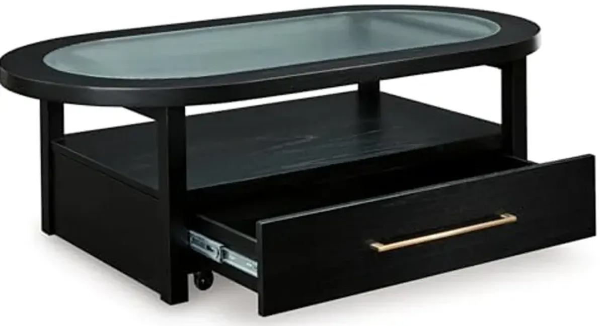 Signature Design by Ashley Winbardi Industrial Glass-Tabletop Coffee Table with Casters and Open Shelf, Black