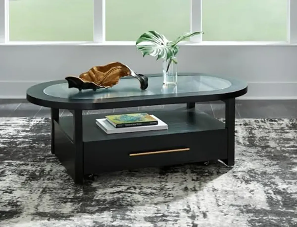 Signature Design by Ashley Winbardi Industrial Glass-Tabletop Coffee Table with Casters and Open Shelf, Black