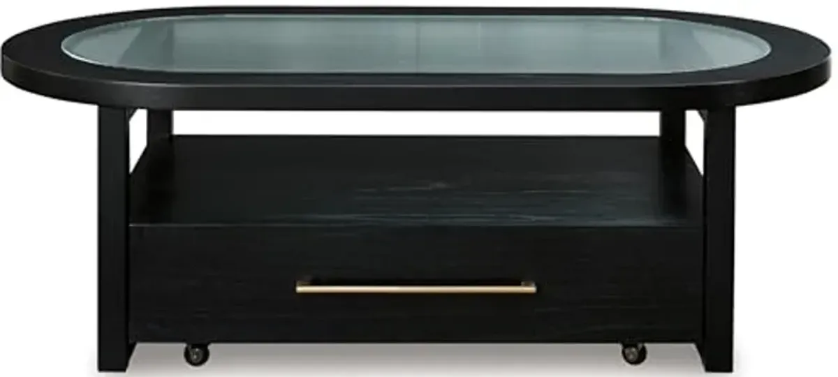 Signature Design by Ashley Winbardi Industrial Glass-Tabletop Coffee Table with Casters and Open Shelf, Black