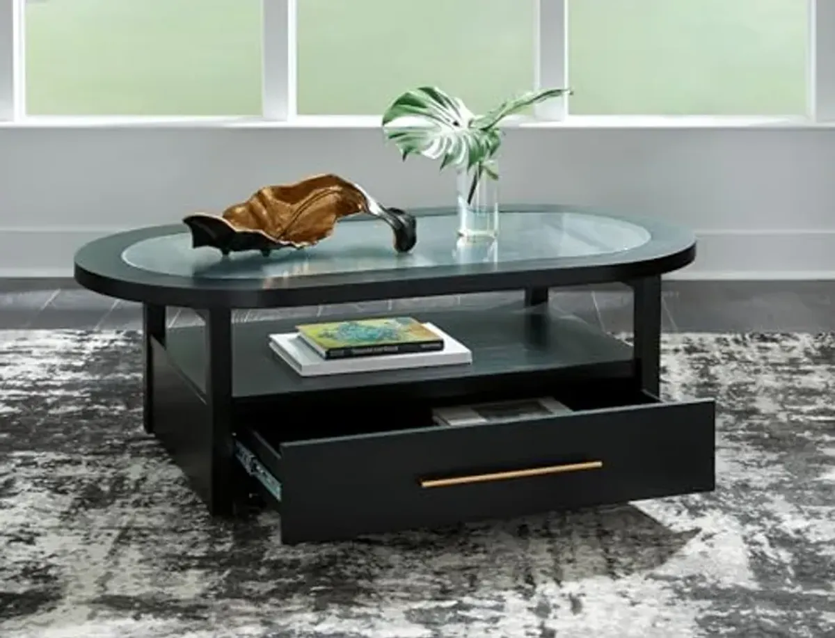 Signature Design by Ashley Winbardi Industrial Glass-Tabletop Coffee Table with Casters and Open Shelf, Black