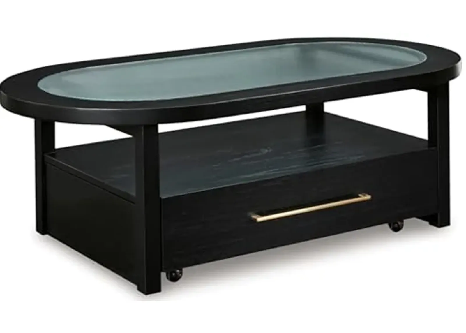 Signature Design by Ashley Winbardi Industrial Glass-Tabletop Coffee Table with Casters and Open Shelf, Black